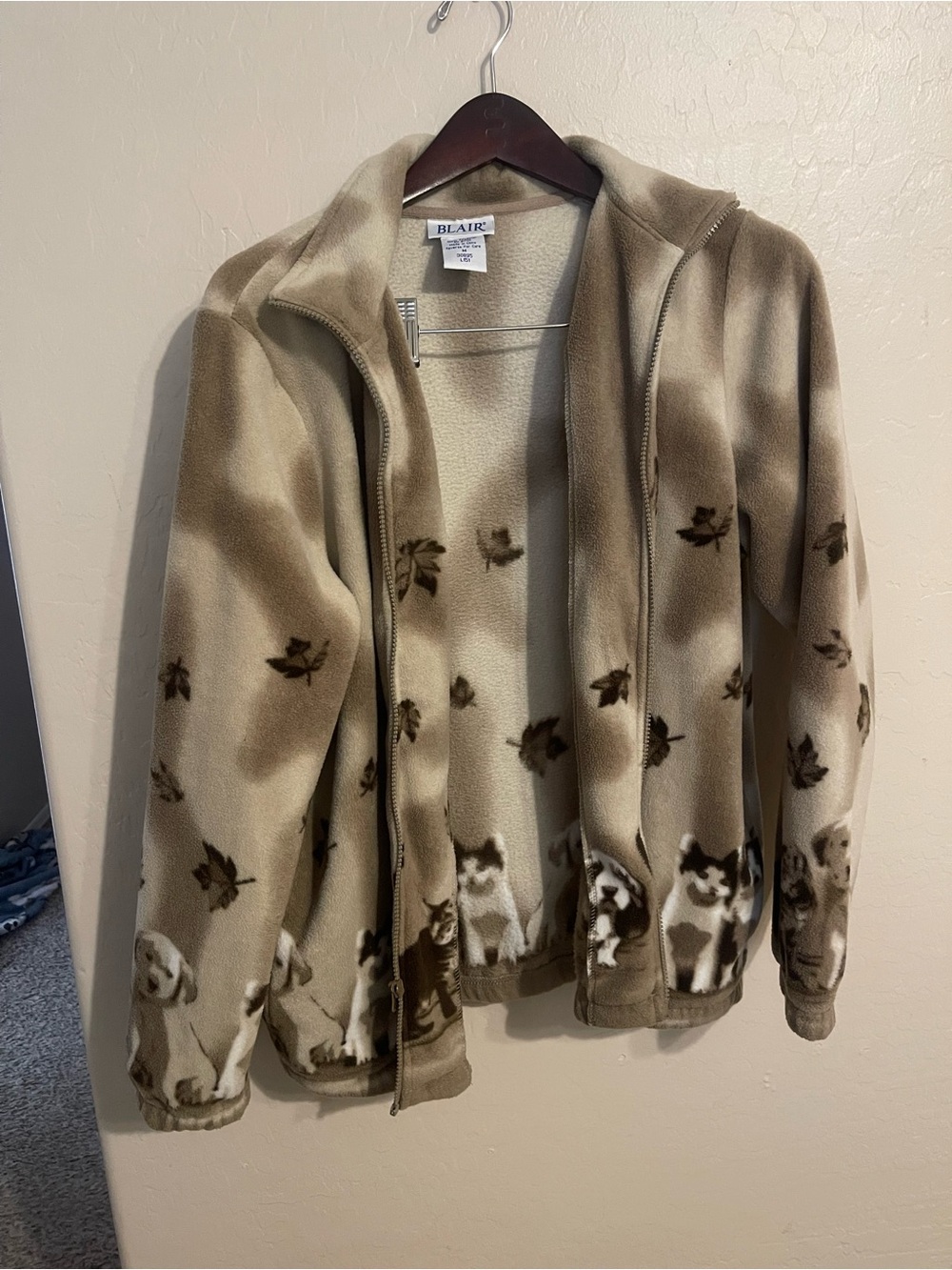 Cutesy Blair Beige & Brown Dog and Cat Print Fleece Zip Jacket